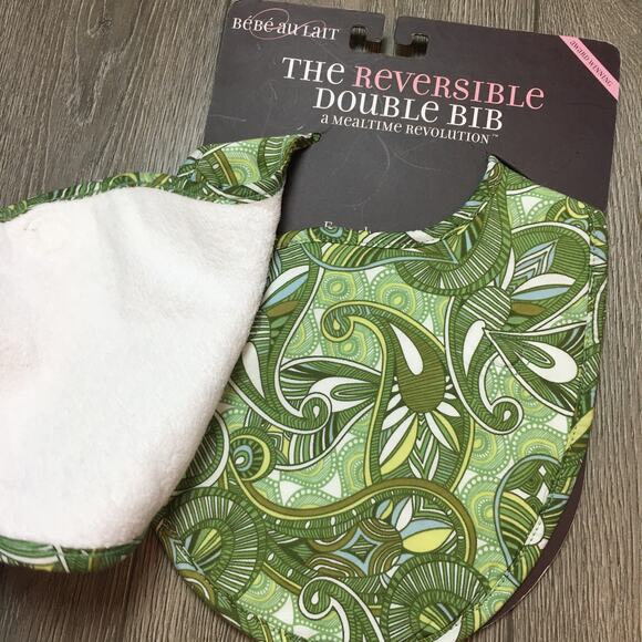 New Bebe Au Lait The Reversible Double Bib Magnetic Paisley Green - Picture 2 of 4